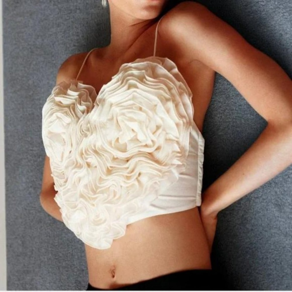 NWT Zara Crop Top Small Heart Organza Voluminous Ivory Spaghetti Straps Party